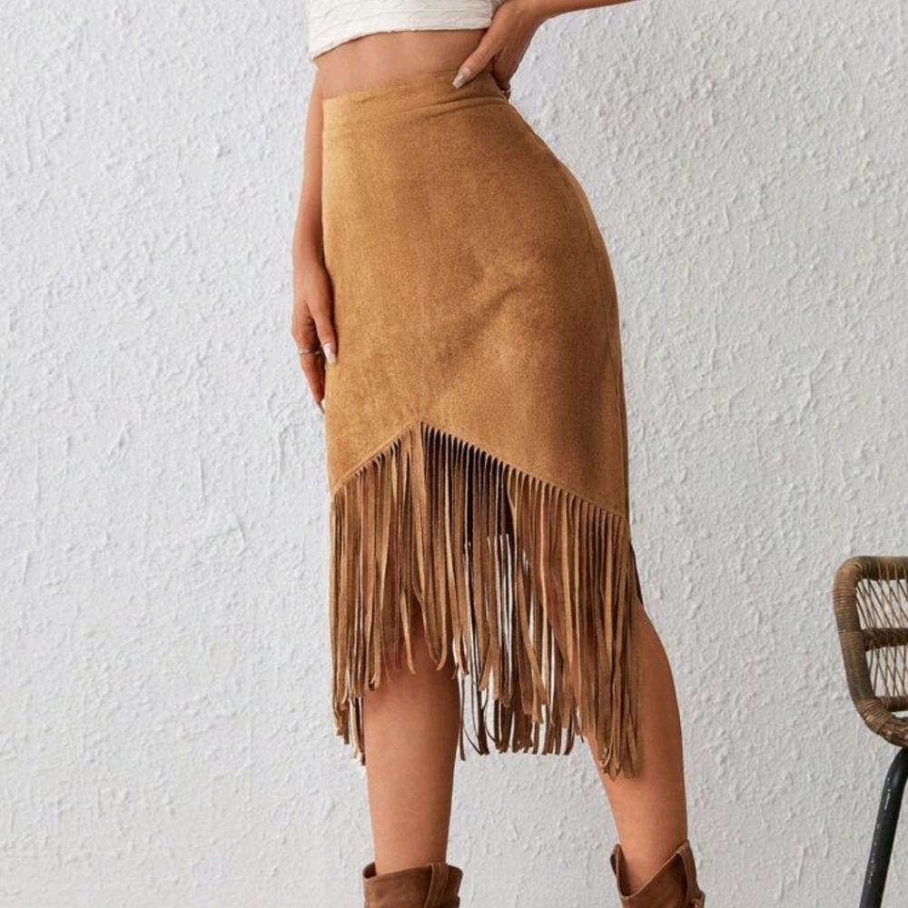 Fringe Trim Asymmetrical Hem Skirt - Picture 3 of 5